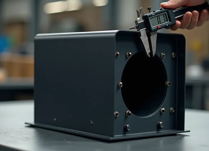 Contenitore metallico nero opaco per elettronica misurato con calibro in officina