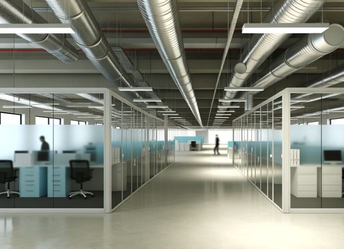 Ufficio ricavato con pareti mobili e box industriali in capannone, con impianto di aerazione visibile e postazioni separate